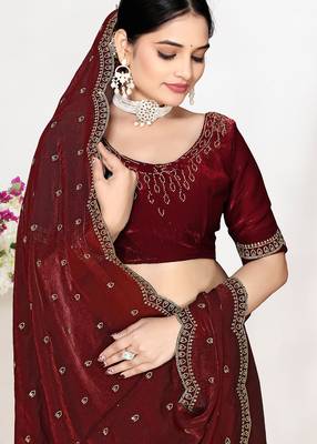 Maroon sequin embellished work two tone satin silk saree 2