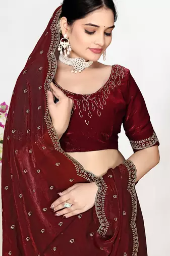Maroon sequin embellished work two tone satin silk saree