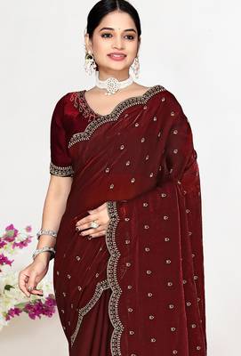 Maroon sequin embellished work two tone satin silk saree 3