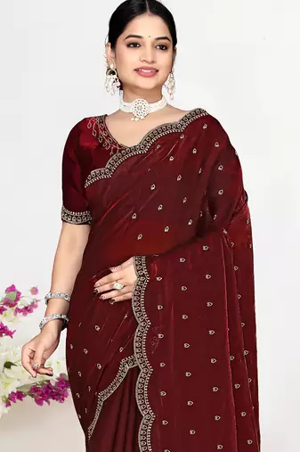 Maroon sequin embellished work two tone satin silk saree