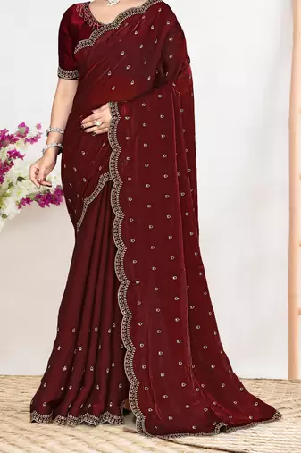 Maroon sequin embellished work two tone satin silk saree
