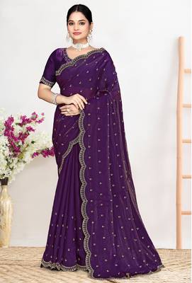Purple sequin embellished work two tone satin silk saree 1
