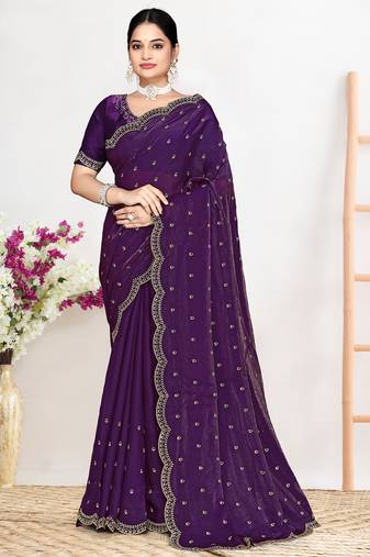 Purple sequin embellished work two tone satin silk saree
