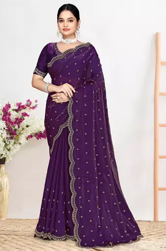 Purple sequin embellished work two tone satin silk saree