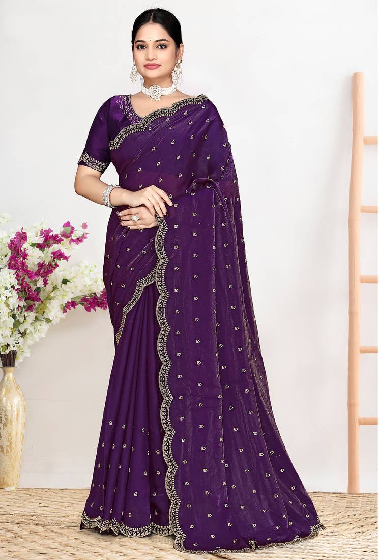 Purple sequin embellished work two tone satin silk saree
