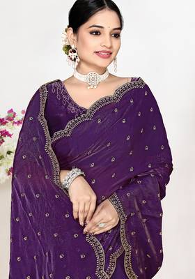 Purple sequin embellished work two tone satin silk saree 2