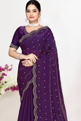 Purple sequin embellished work two tone satin silk saree 3