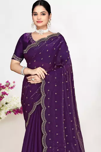 Purple sequin embellished work two tone satin silk saree