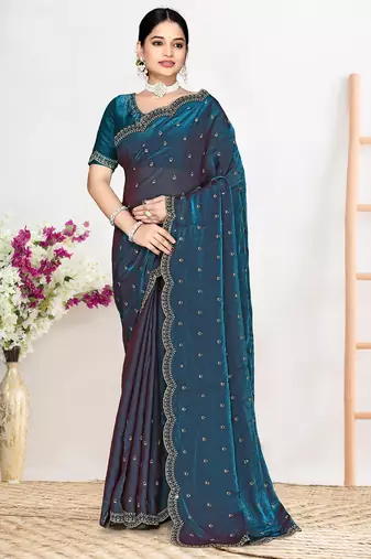 Teal blue sequin embellished work two tone satin silk saree