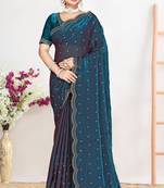 Teal blue sequin embellished work two tone satin silk saree