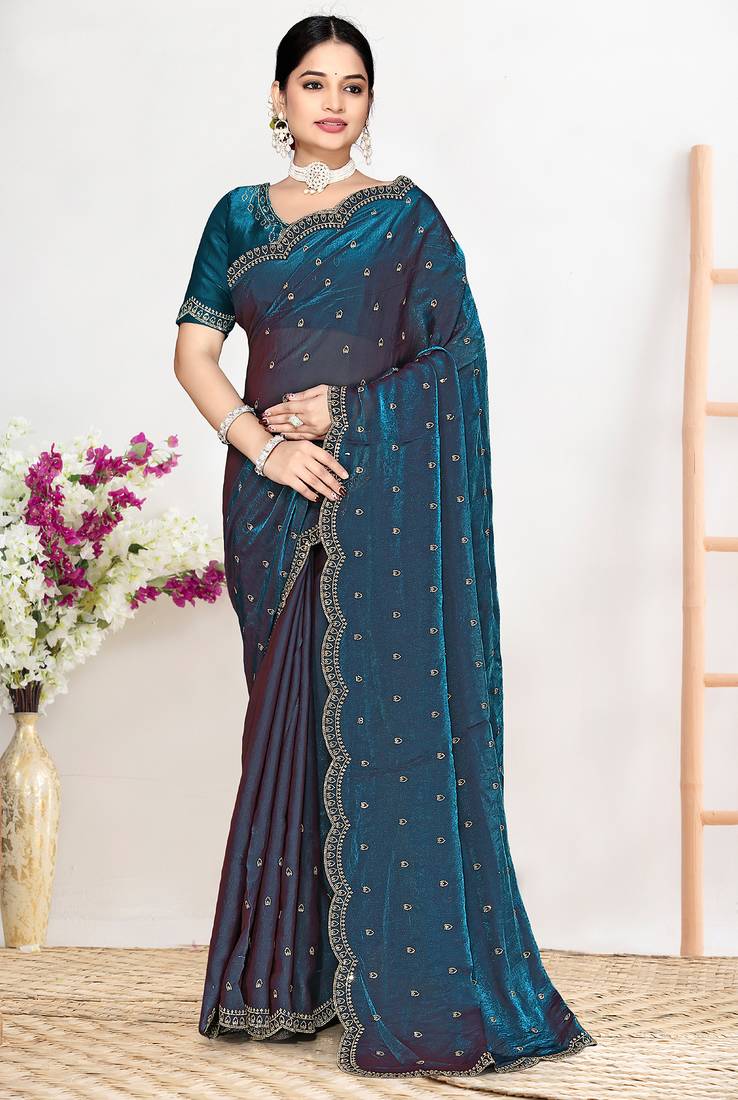 Teal blue sequin embellished work two tone satin silk saree