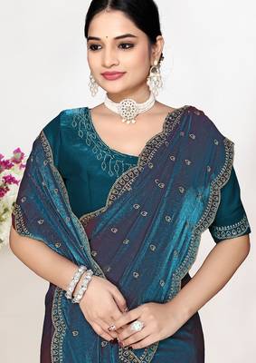 Teal blue sequin embellished work two tone satin silk saree 2