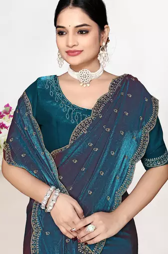 Teal blue sequin embellished work two tone satin silk saree