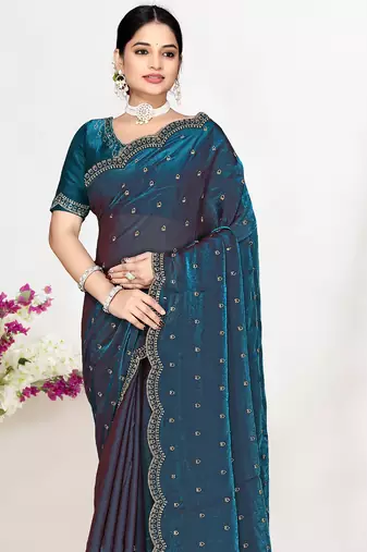 Teal blue sequin embellished work two tone satin silk saree