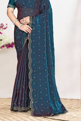 Teal blue sequin embellished work two tone satin silk saree 4