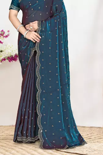 Teal blue sequin embellished work two tone satin silk saree