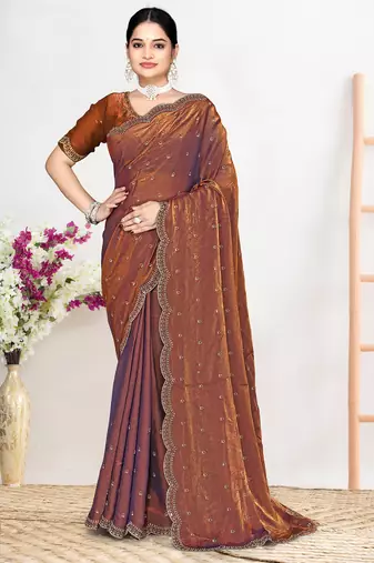 Rust sequin embellished work two tone satin silk saree