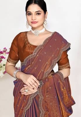 Rust sequin embellished work two tone satin silk saree 2