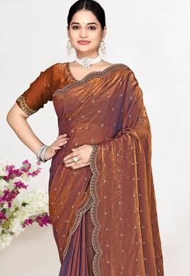 Rust sequin embellished work two tone satin silk saree 3