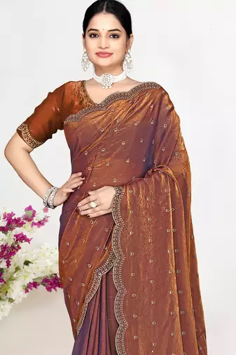 Rust sequin embellished work two tone satin silk saree