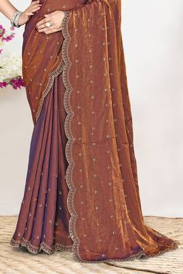 Rust sequin embellished work two tone satin silk saree 4