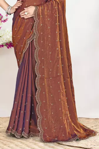 Rust sequin embellished work two tone satin silk saree