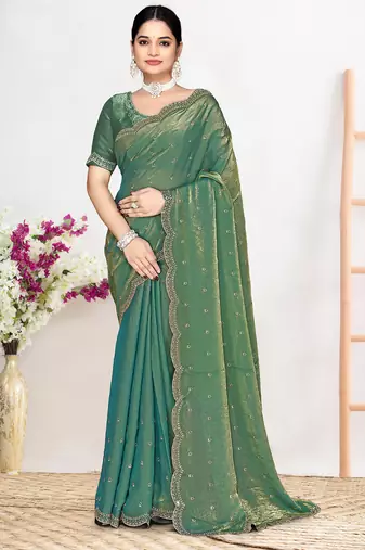 Green sequin embellished work two tone satin silk saree