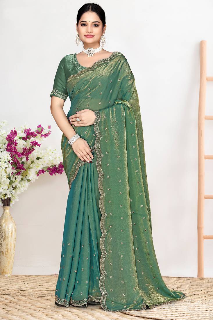 Green sequin embellished work two tone satin silk saree