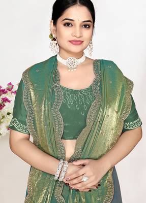 Green sequin embellished work two tone satin silk saree 2