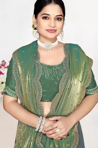Green sequin embellished work two tone satin silk saree
