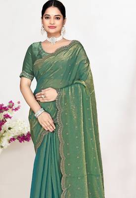 Green sequin embellished work two tone satin silk saree 3