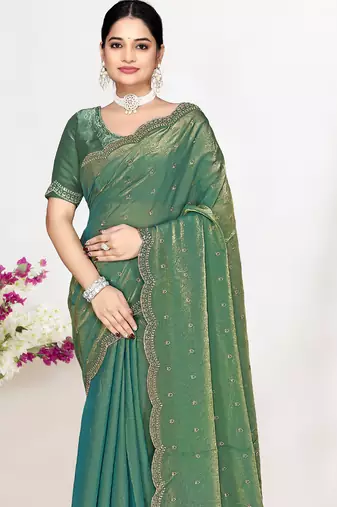 Green sequin embellished work two tone satin silk saree