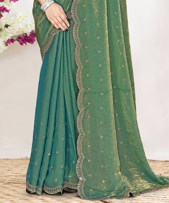 Green sequin embellished work two tone satin silk saree 4
