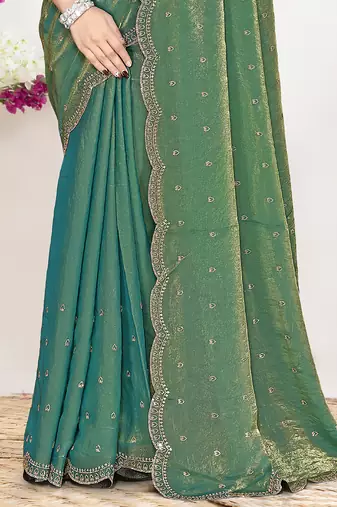 Green sequin embellished work two tone satin silk saree