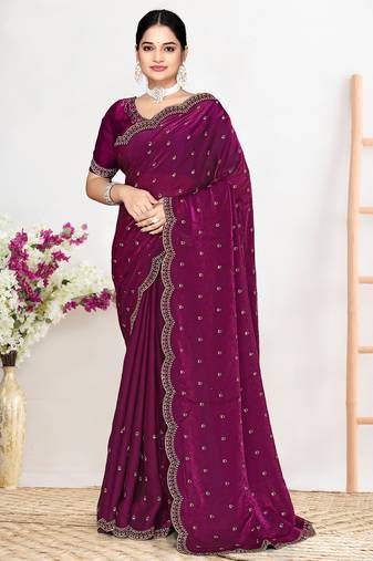 Wine sequin embellished work two tone satin silk saree