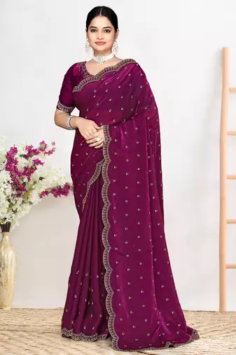 Wine sequin embellished work two tone satin silk saree