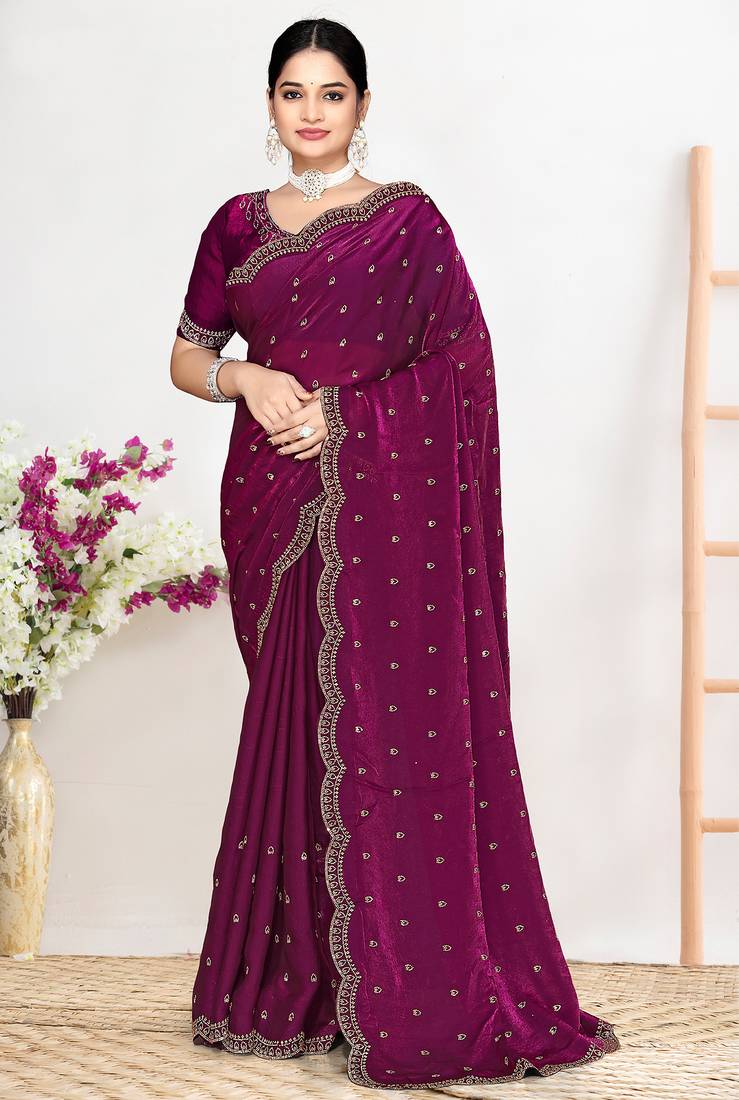 Wine sequin embellished work two tone satin silk saree