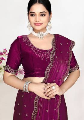 Wine sequin embellished work two tone satin silk saree 2