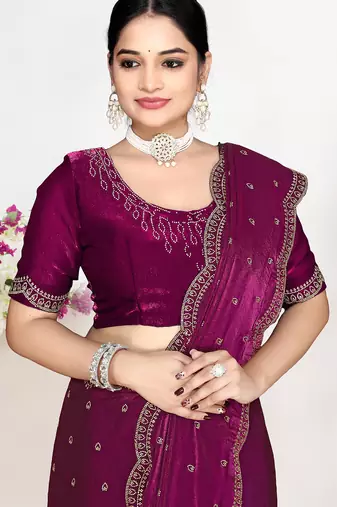 Wine sequin embellished work two tone satin silk saree