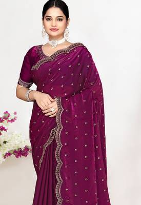 Wine sequin embellished work two tone satin silk saree 3