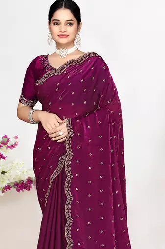 Wine sequin embellished work two tone satin silk saree