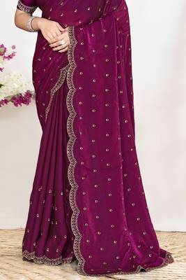 Wine sequin embellished work two tone satin silk saree 4