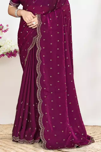 Wine sequin embellished work two tone satin silk saree