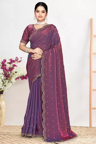 Purple sequin embellished work two tone satin silk saree