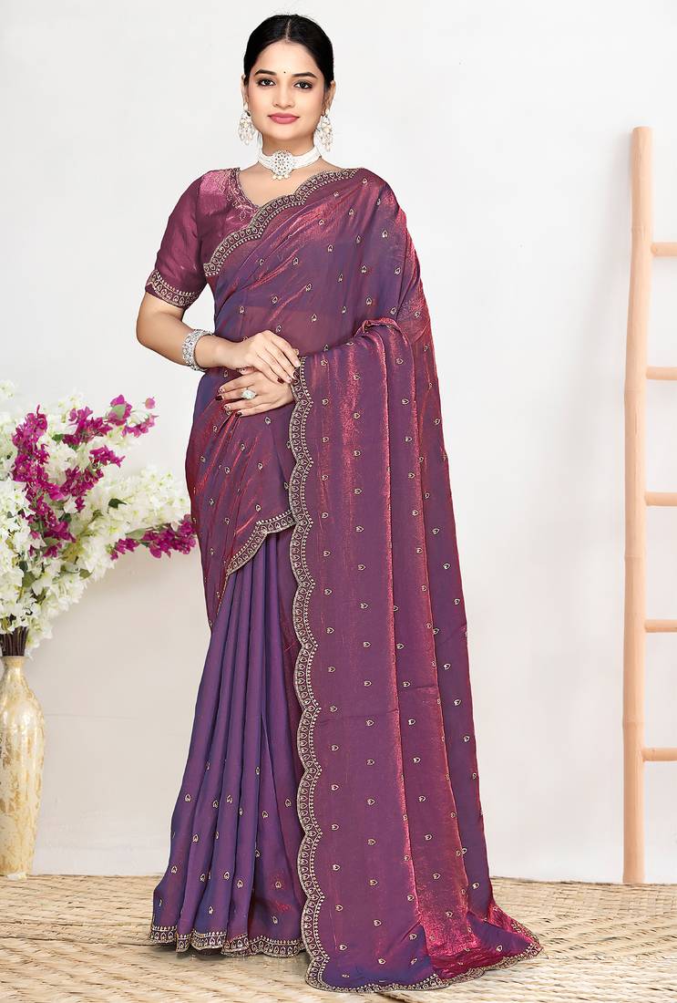 Purple sequin embellished work two tone satin silk saree
