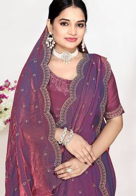 Purple sequin embellished work two tone satin silk saree 2