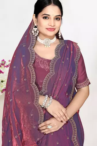 Purple sequin embellished work two tone satin silk saree