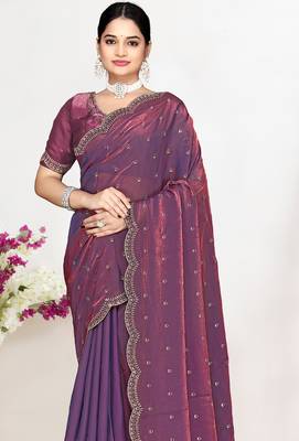 Purple sequin embellished work two tone satin silk saree 3