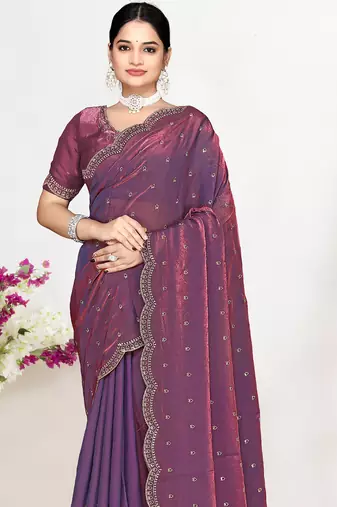 Purple sequin embellished work two tone satin silk saree