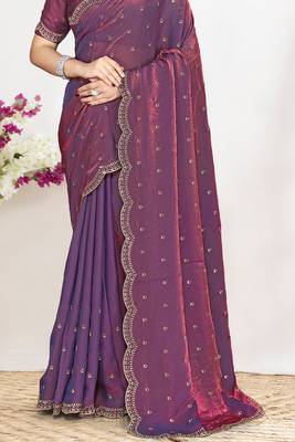 Purple sequin embellished work two tone satin silk saree 4